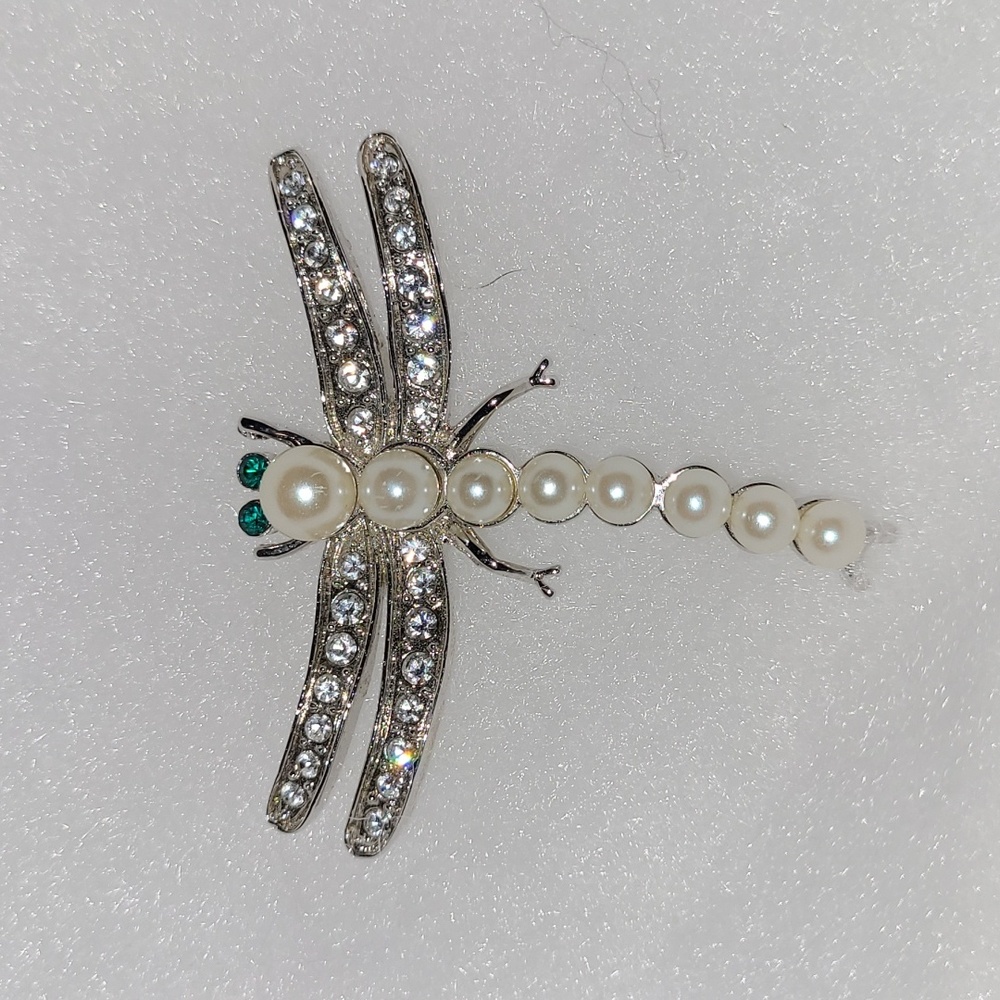 Dragonfly Brooch Pearl & Crystal Rhinestones Silver-tone with Green Gem Eyes